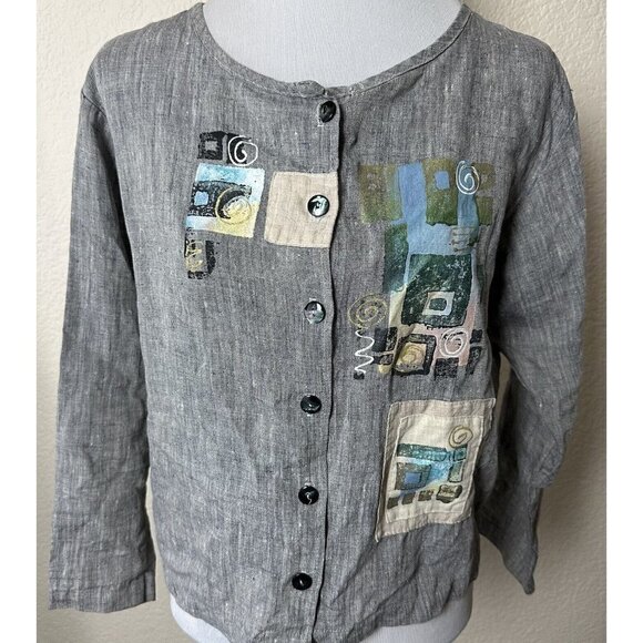 Odille Linen Top XS Gray Abstract Geometric Bohemian Button Down Oversized - Picture 2 of 11